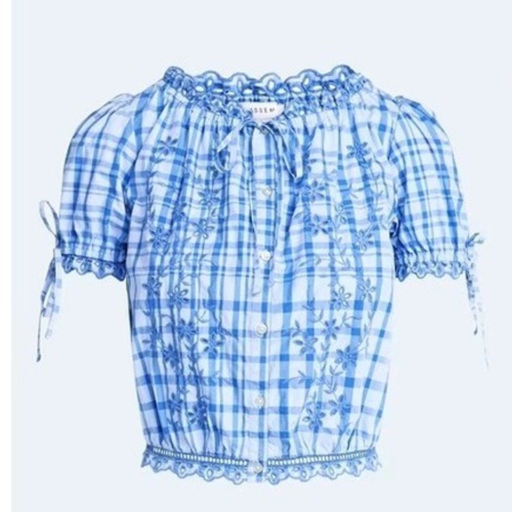 FREE ASSEMBLY Blue Gingham Puff Sleeve Embroidered Crop Top Sz M Full Button NWT